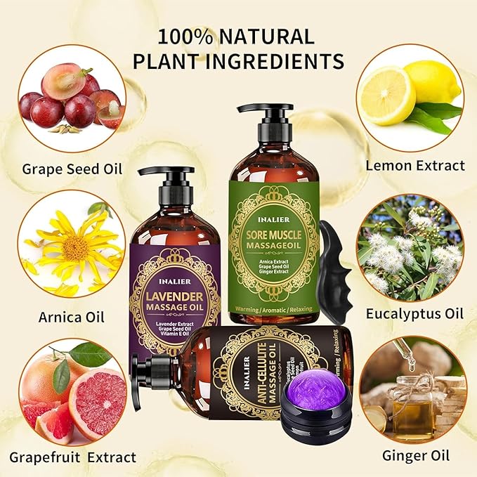 Massage Oil for Massage Therapy,Easter Basket Stuffers,3 Pack Cellulite Massage Oil,Sore Muscle Arnica Oil & Lavender Massage Body Oil with Massage Ball & Thumb Saver Tool,Easter Gifts for Men Women