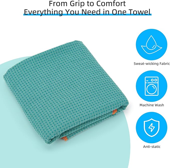 YESLIFE Non-Slip Extra Thick Hot Yoga Towel with One Sweat Towel, Microfiber Sweat Absorbent Yoga Mat Towel with Grip Dot, Pilates Mat, 72" x 24", Cyan