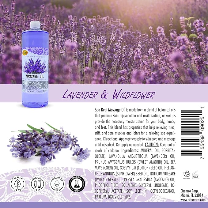 SPA REDI - Massage Oil, Lavender, 32 Oz - Professional Full Body Massage Therapy, Manicure, Pedicure - Relax Sore Muscles and Repair Dry Skin, Enhanced with High Absorption Oils and Vitamin E