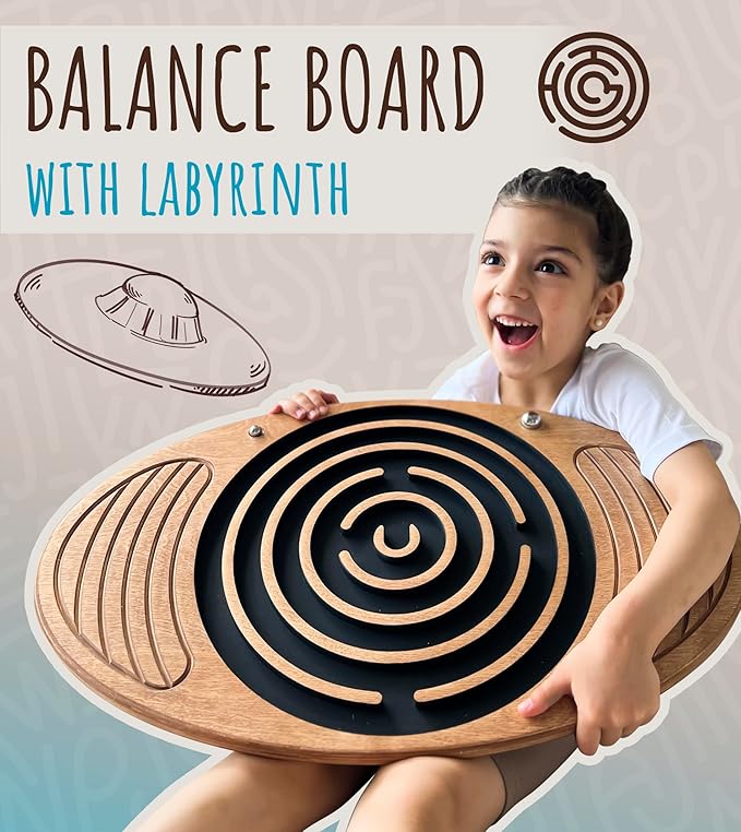 Wooden Balance Board Maze, Fun Fitness Tool for Kids and Adults, Wobble Balance Board, Natural Beech Wood Montessori Toy, Core Strength, Fitness, Training, Physical Therapy