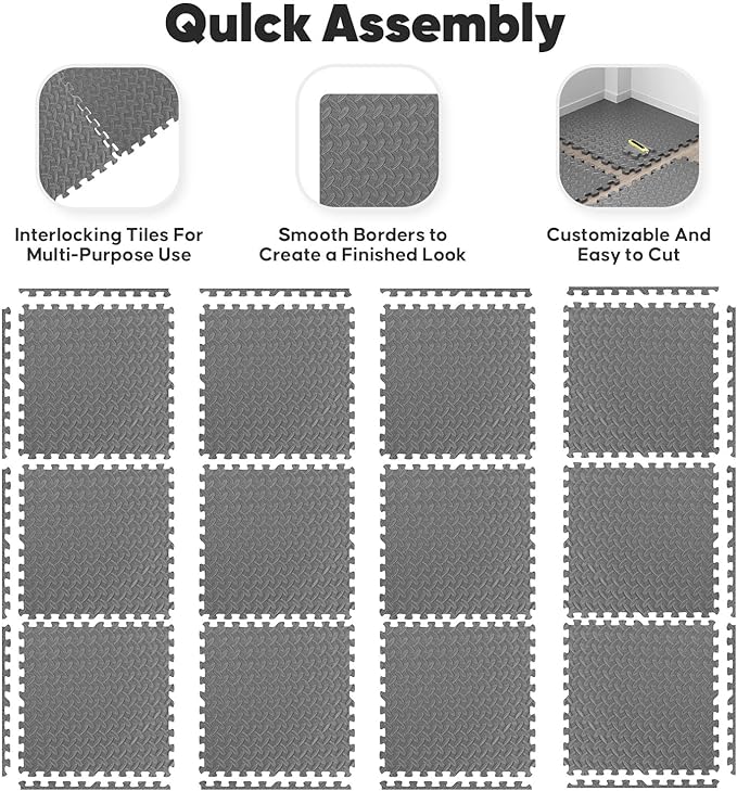 Home Gym Mat, Puzzle Exercise Mat, EVA Interlocking Foam Floor Tiles for Home Workout Equipment and Kids' Play Areas - Grey, 24 in x 24 in x ½ in - 16 Tiles (Grey, 16 Pack, 64 SQ FT)
