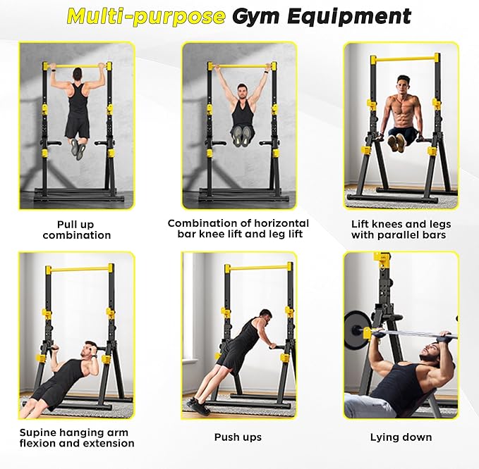 DlandHome Foldable Power Tower Pull Up Bar Dip Station, Adjustable Height Multifunction Workout Pull Up Tower Station for Home Gym, Strength Training Equipment, Triangular Legs, Up to 330lbs