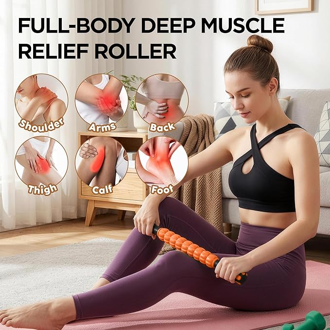 Muscle Roller & Massage Roller Stick for Athletes - Lymphatic Drainage Support, Relieves Muscle Soreness, Cramping & Tightness - Targets Legs, Arms, Back & Calves （Orange - 18inch）