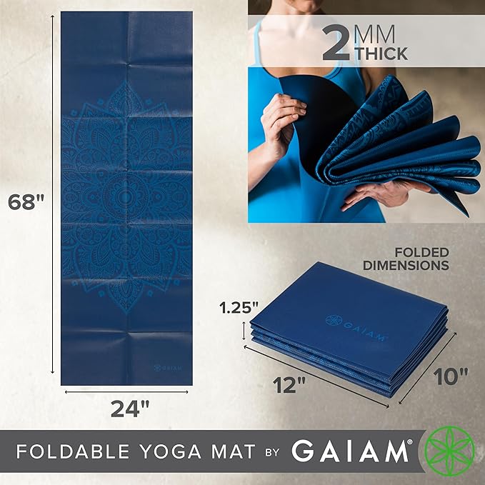 Gaiam Yoga Mat - Folding Travel Fitness & Exercise Mat - Foldable Yoga Mat for All Types of Yoga, Pilates & Floor Workouts (68"L x 24"W x 2mm Thick)
