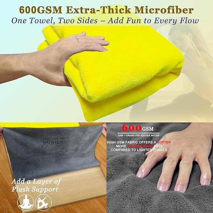 Yoga Mat Towel with Hand Towel, Extra Thick (600GSM) Soft Hot Yoga Towel, Non-Slip and Sweat Absorbent for Hot Yoga, Bikram, Pilates, and Fitness, 72" x 27.5", Dual-Color, Grey/Yellow