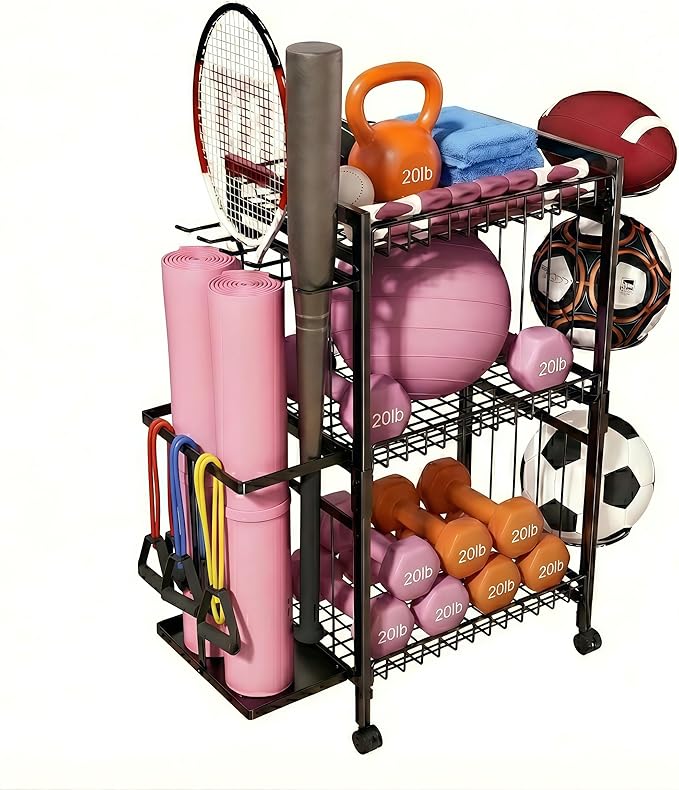 Home Gym Storage Rack, 3-Tier Dumbbell Rack with Ball Holder & Side Basket, Heavy Duty Vertical Workout Equipment Organizer for Yoga Mats, Lockable Wheels