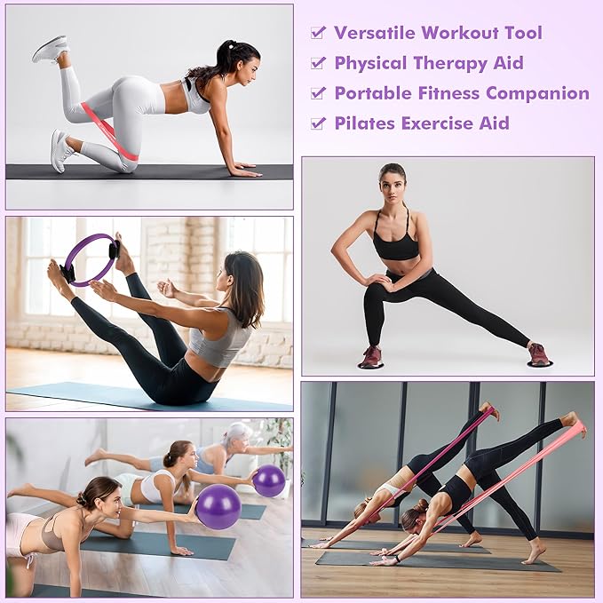Pilates Ring Set Exercise Equipment, with Exercise Resistance Bands Set, Pilates Ball, Sliding Disks. Portable Home Gym - with Fitness Guide Poster