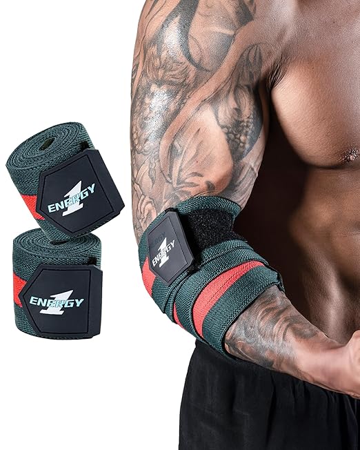 kcross Elbow Wraps for Weightlifting, 47" Strengthening support Elbow Sleeve Weightlifting (1 Pair) for Powerlifting, Bench Press, Gym Workout (Red Green Striped)