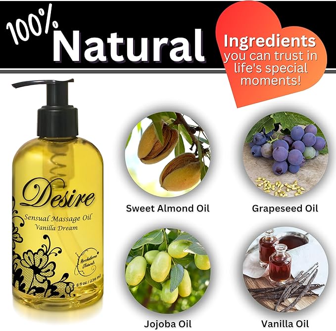 Desire Sensual Massage Oil for Date Night | Best Massage Oil for Couples | Valentines Day Gifts for her | All Natural with Sweet Almond, Grapeseed & Jojoba for Smooth Glide 8oz