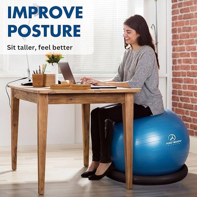 ProBody Pilates Yoga Ball Chair, Exercise Ball Chair with Base or Stand for Home Office Desk Sitting or Workout, 65cm Antiburst Balance & Stability Ball Seat, Large Gym Ball for Back, Abs