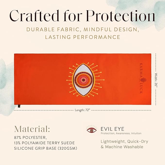 KARMA AND LUCK Guardian Energy Yoga Towel, Evil Eye Design for Protection & Focus, Non-Slip Terry Suede Hot Yoga Mat Towel with Silicone Grip, Ultra Absorbent, 26” x 72”