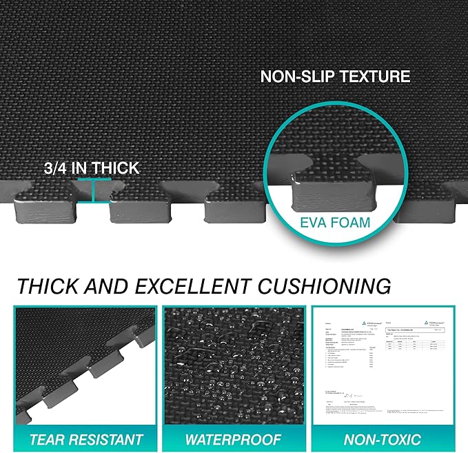 Mat Block Interlocking Foam Tiles Puzzle Mats for Floor 24 SQ FT, 3/4 inch, 6 Tiles, EVA Gym Mat Flooring Exercise Equipment Mat for Home Gym Equipment,APM101BK, Black