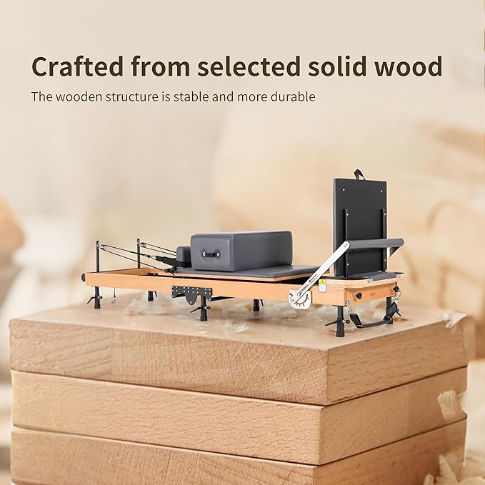Foldable Oak Wood Pilates Reformer Machine with Reformer Box & Jump Board for Home, Studio, Gym & Yoga - 12-Level Resistance, Adjustable Shoulder Pad, Lightweight Aluminum Frame & PU Leather Carriage