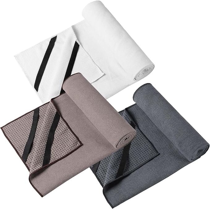 3 Pack Non Slip Hot Yoga Mat Towel with Grip Dot and Secure Fit Elastic Straps 72" x 26" Microfiber Yoga Towel Absorbent Sweat for Pilates Fitness (Beige Dark Gray Coffee)