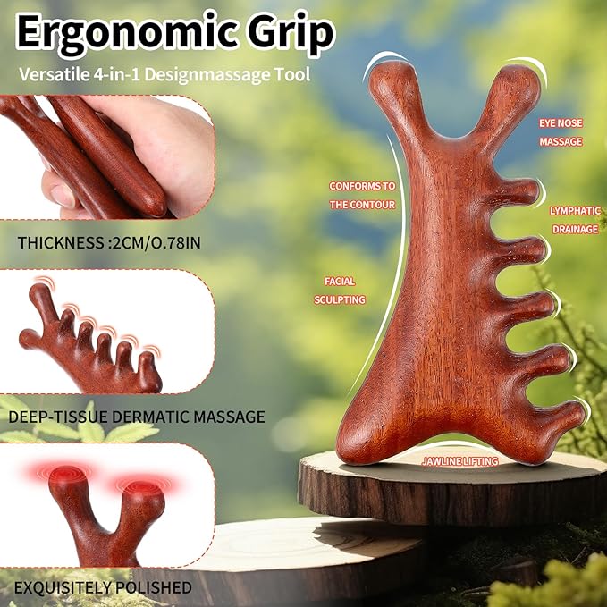 4 in 1 Natural Sandalwood Gua Sha Massage Tool, Face Eye Neck & Body Meridian Therapy Tool for Relaxation Lymphatic Drainage Massage Comb for Home Office Travel