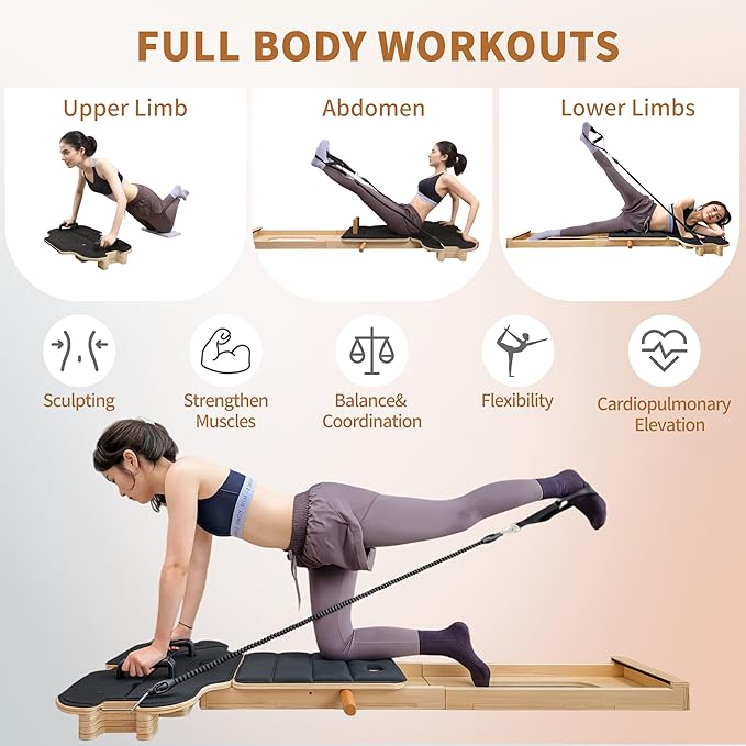 Pilates Reformer Machine,Wooden Foldable Pilates Board, Multifunctional Stable Pilates Reformer Board for Home Workout, Three Level Tension Adjustment, 6 in 1 Pilates Equipment for Woman