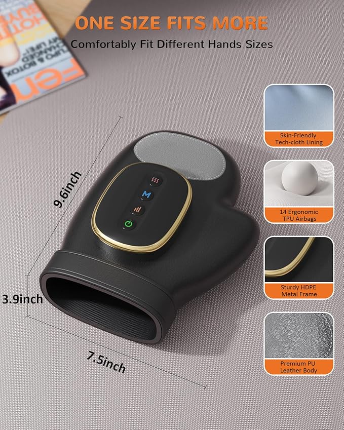 Hand Massager with Heat and Compression: Cordless Hand Massage Glove with 3 Modes, 5 Intensity & 3 Heat Therapy for Arthritis Carpal Tunnel Pain Relief-Valentine's Birthday Gifts for Women, Men(Black)