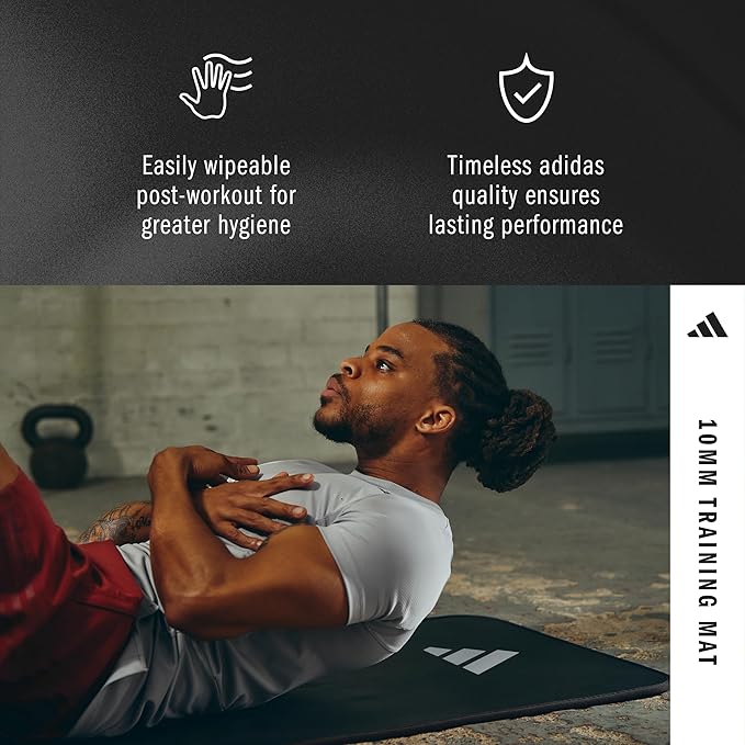 adidas 10mm Extra Thick Training Mat with Carrying Strap and Non-Slip Textured Base - Cushioned Workout Mat for Home Gym, Floor Workouts, and Intense Exercises - Portable and Durable