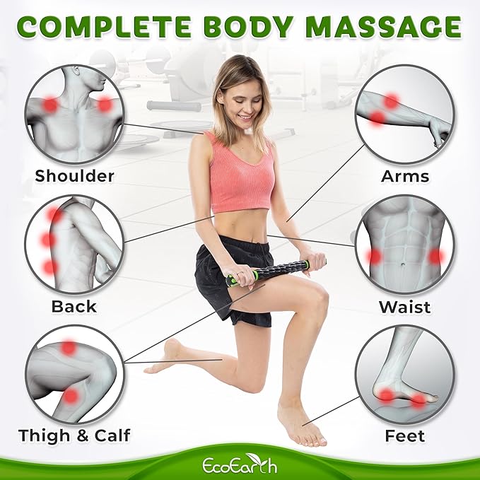 EcoEarth Muscle Roller Stick, Body Massage Stick Lymphatic Drainage Massager for Arm, Shoulder, Back & Leg Myofascial Release, Personal Handheld Massagers, Trigger Point Fascia Massage Tool