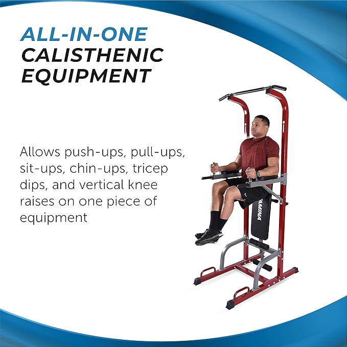 Stamina Full Body Power Tower 735 - Dip Bar with Built-in Bench and Rack - Pull Up Bar Station with Smart Workout App - Dip Bars for Home Workout - Up to 300 lbs Weight Capacity