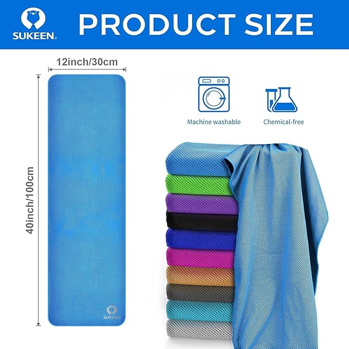 Sukeen Cooling Towel (40"x12"), Ice Towel, Soft Breathable Cool Towel for Yoga, Sport, Gym, Workout, Camping, Fitness, Workout & More Activities, Blue/Pink/Green/Grey/Black/Light Purple