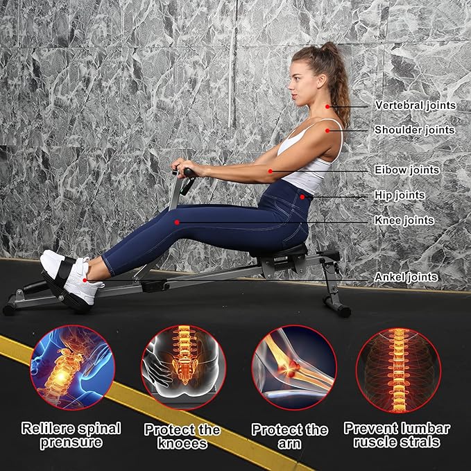 YSSOA Rowing Machine Rower Ergometer, with 12 Levels of Adjustable Resistance, Digital Monitor and 260 lbs of Maximum Load Black