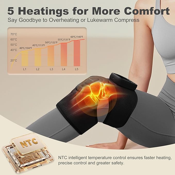 KingPavonini Cordless Knee Massager for Pain Relief, Newly 4 Motors Vibration, 5 Heat Levels, 6 Massage Modes, Knee Heating Pad for Knee Pain, Heated Knee Massager Brace, for Mom Dad (Black 1.0)