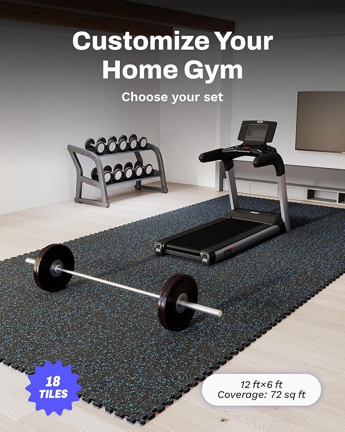 AIRHOP 0.79in Thick 72 Sq Ft Exercise Equipment Mats, 18 Tiles Upgraded Rubber Top with High Density EVA Foam, Large Interlocking Puzzle Gym Flooring for Home Gym, Heavy Weight Workout,Black & Blue