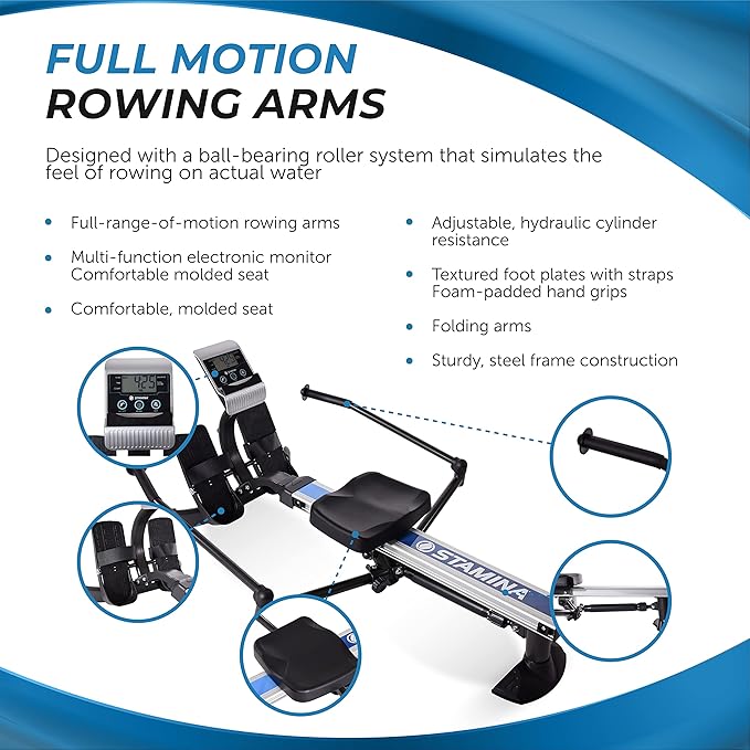 Stamina Hydraulic Rowing Machine, BodyTrac Glider with Cylinder Resistance, 250 Lbs - Home and Gym Exercise Equipment - Ideal for Fitness Training and Body Workout