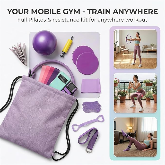 Pilates Kit for Women, Pilates Equipment Set for Home Workout with 14.5" Pilates Ring and Ball, Resistance Bands, Adjustable Ankle Wrist Weights, Core Sliders, Grip Socks & Carry Bag