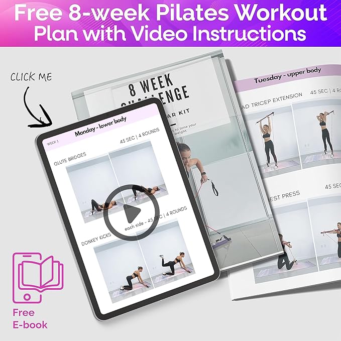Portable Pilates Bar Kit with Resistance Bands (20, 30, 40, 50 LBS) – Adjustable Home Workout Equipment with 8 Week Training Program – Full Body Fitness Bar for Pilates, Strength Training