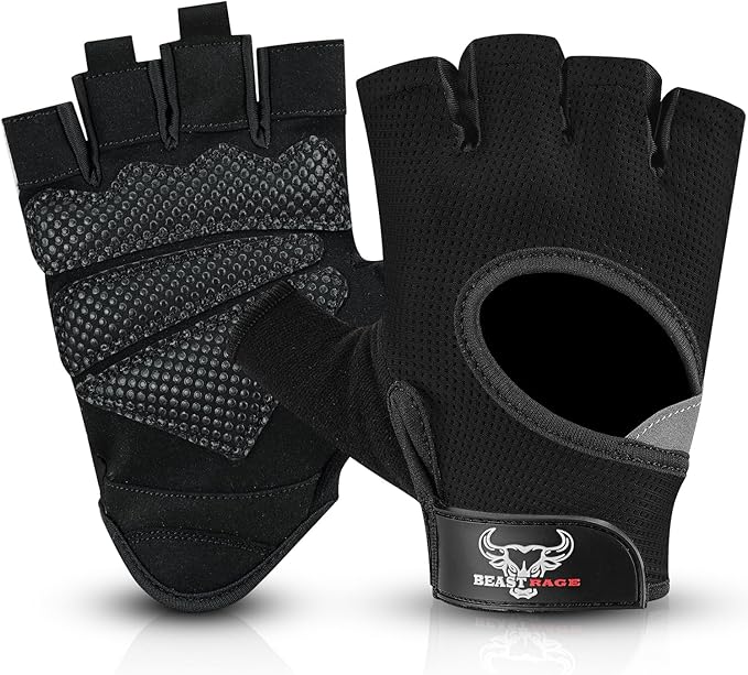 BEAST RAGE Fingerless Weight Lifting Gloves with Palm Protection Padding, Breathable Lightweight Gym Gloves for Men, Women, Weightlifting, Cycling, Exercise, Training Pull Up