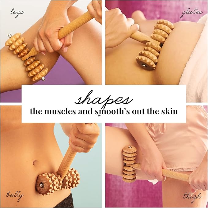 T-Shape Massager with Grooved Rollers, Multi-Functional Body Roller for Cellulite Reduction, Eases Muscle Tension and Supports Skin Health, Natural Muscle Roller