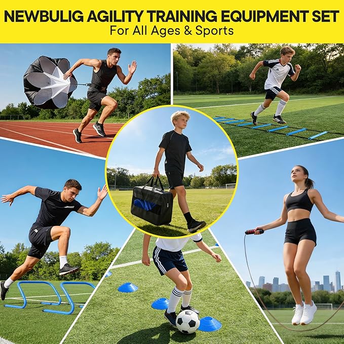 Agility Ladder Speed Training Equipment Set-20ft Ladder, 12 Cones, 4 Adjustable Hurdles, Jump Rope, Resistance Parachute| Basketball, Soccer, Football Practice Equipment for Youth, Adults