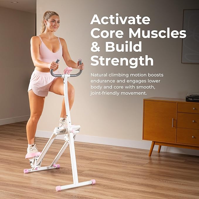 Sunny Health & Fitness Smart Foldable Cardio Stair Stepper, Vertical Climber with Extended Step Range, SunnyFit App Connection – Pink / White / Gray