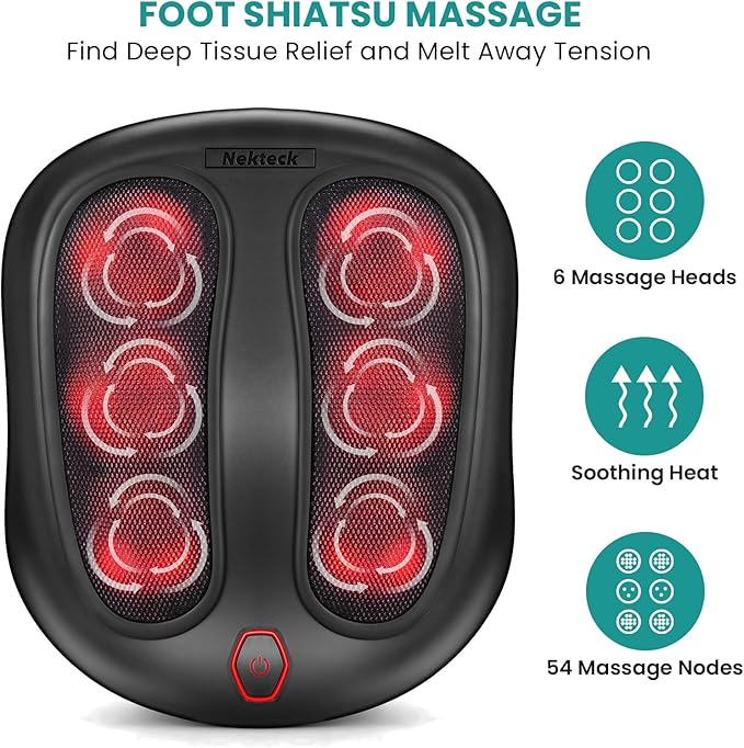 Nekteck Foot Massager with Heat, Shiatsu Heated Electric Kneading Foot Massager Machine for Neuropathy, Plantar Fasciitis, Feet Massage for Pain Relief, Circulation, Ideal Gifts for Man Woman Her Him