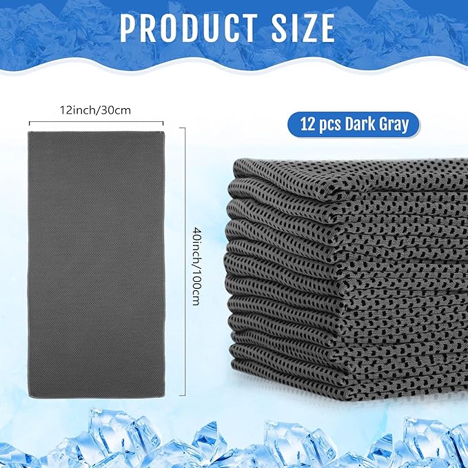 Hosuly 12 Pieces Cooling Towels for Hot Weather Soft Breathable Cold Towel Yoga Towels for Sweat, Sports, Workout, Fitness, Gym, Running, Travel Camping, 12 x 40 Inch (Dark Gray)