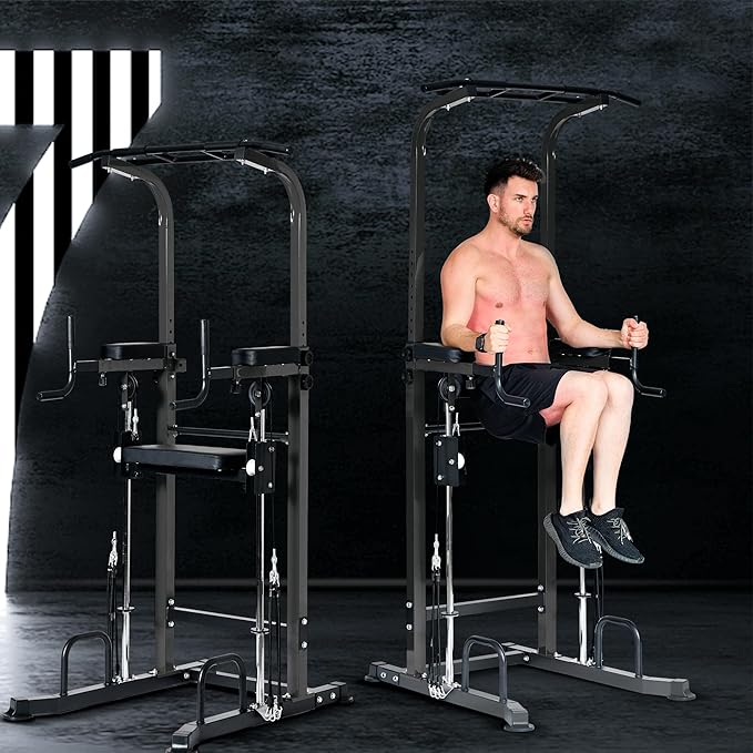 Dland Power Tower Dip Station Pull Up Bar Exercise Tower, Multi-Function Adjustable Training Equipment for Home Gym, Strength Training Workout Equipment, Black