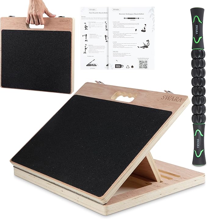 17″ Wide, Premium Portable Wooden Slant Board, Thicker Bottom, Squats & Calf Stretching – Professional Adjustable Calf Stretcher Slant Board, Exercise Guide & Bonus Muscle Roller, Physical Therapy