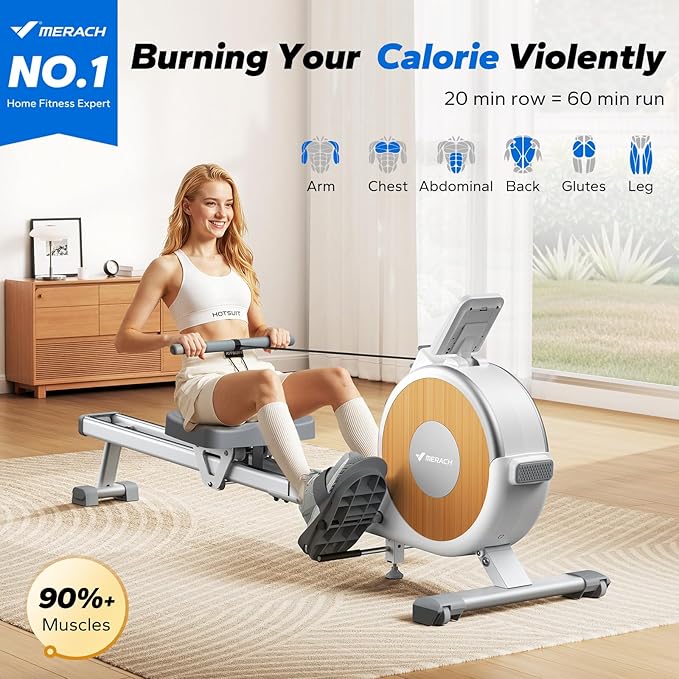 MERACH Rowing Machines for Home, Magnetic Rowing Machine with 16 Levels, Rower Machine of Quiet Resistance, Dual Slide Rail with Max 350lbs Weight Capacity, App Compatible