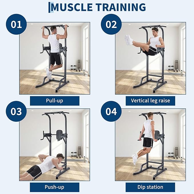 Multifunction Pull Up Bar Dip Station for Home Gym, Adjustable Height Power Tower, 880LBS Capacity Strength Training Equipment for Full Body Workout, Indoor Fitness Chin Up Bar for Men Women