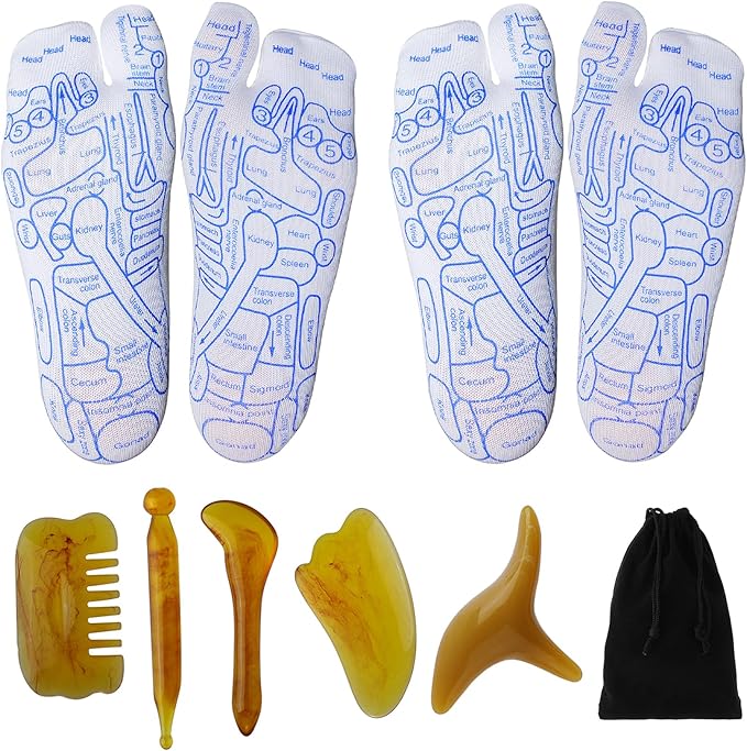 2 Pairs Reflexology Socks with Beginner Acupoint Massage Tools Set of 5 - Foot Pain Relief Remedy for Foot Massage Rod for Women Tired Relieve