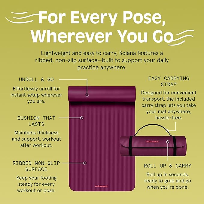 Retrospec Solana Yoga Mat Thick 1/2in Non-Slip Workout Mat with Nylon Strap - 72x24in Exercise Mat for Pilates, Stretching & Fitness - BPA Free, Easy Clean