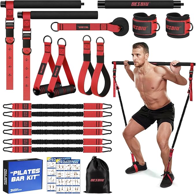 Pilates Bar Kit with Resistance Bands for Working Out, 210lbs Heavy Resistance Bands with Handles, Pilates Equipment with Resistance Band Bar for Men Women, Home Gym Full Body Workout Equipment
