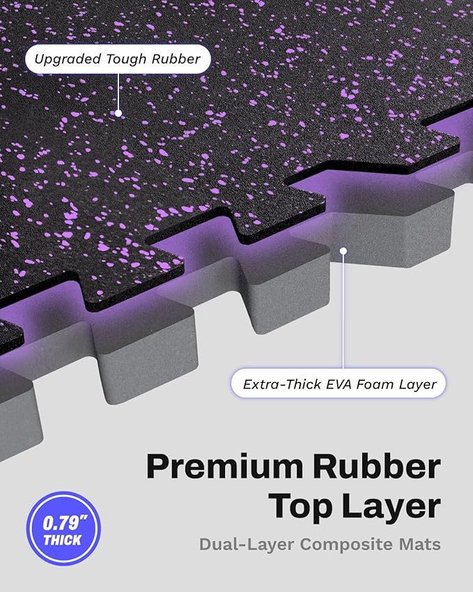 AIRHOP 0.79in Thick 48 Sq Ft Exercise Equipment Mats, 12 Tiles Upgraded Rubber Top with High Density EVA Foam, Large Interlocking Puzzle Gym Flooring for Home Gym, Heavy Weight Workout,Black & Purple