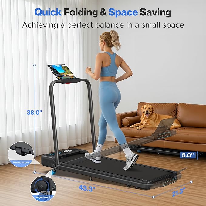 Foldable Treadmill with 10% Incline, 4 in 1 Compact Walking Pad Treadmill with Handle Bar for Home Small Spaces, 3.0HP Portable Quiet Under Desk Treadmills, 320LBS Capacity, Smart APP, LED Display