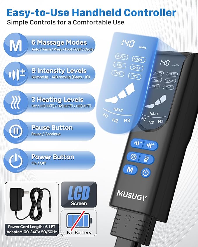 Air Compression Leg Massager with Heat : MUSUGY Sequential Foot and Calf Massager for Circulation and Pain Relief, with 9 Intensity, 6 Modes, 3 Heat - for Mom, Dad, Standing Jobs & Daily Relaxation