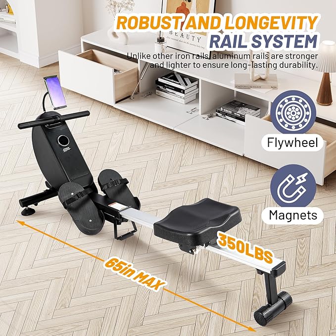 GarveeLife Magnetic Rowing Machine, Self Powered Rower Without Power Cord, Quiet Rower Machine with 16 -Level Adjustable Resistance, 350 LB Weight Capacity, Free Snailcle App