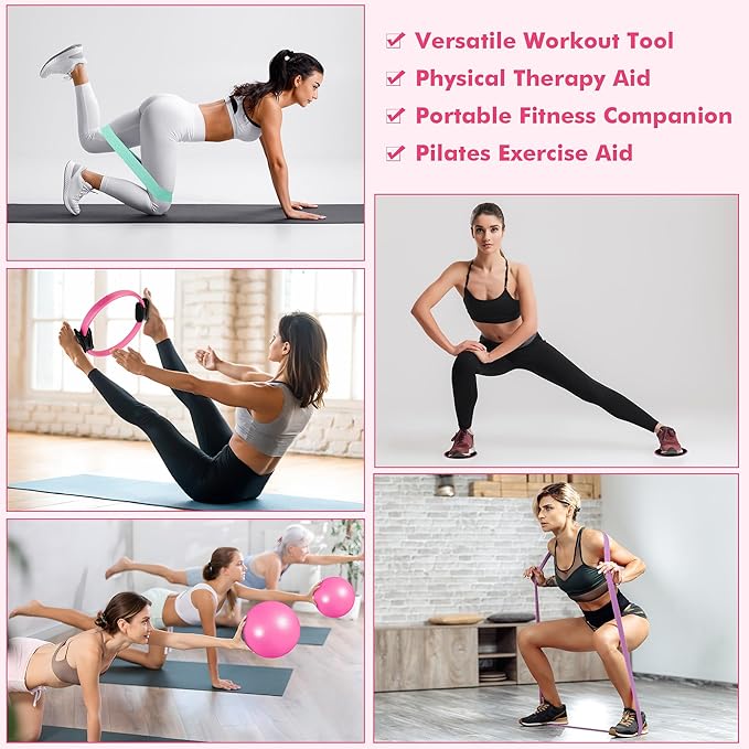Pilates Ring Set Exercise Equipment, with Exercise Resistance Bands Set, Pilates Ball, Sliding Disks. Portable Home Gym - with Fitness Guide Poster