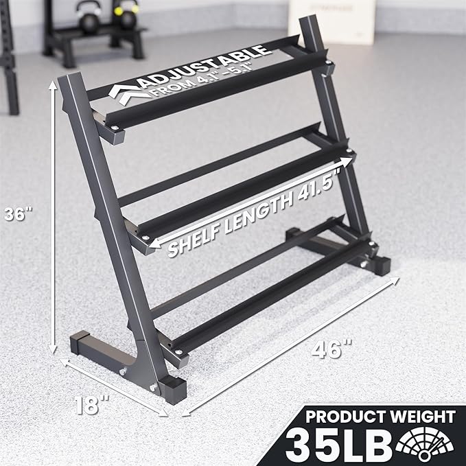 Synergee Dumbbell Rack for Home Gym – 3 Tier Adjustable Weight Rack for Dumbbells – Space-Saving Storage Shelf – Available in 38" or 46" – Heavy Duty Steel Frame – Easy Assembly